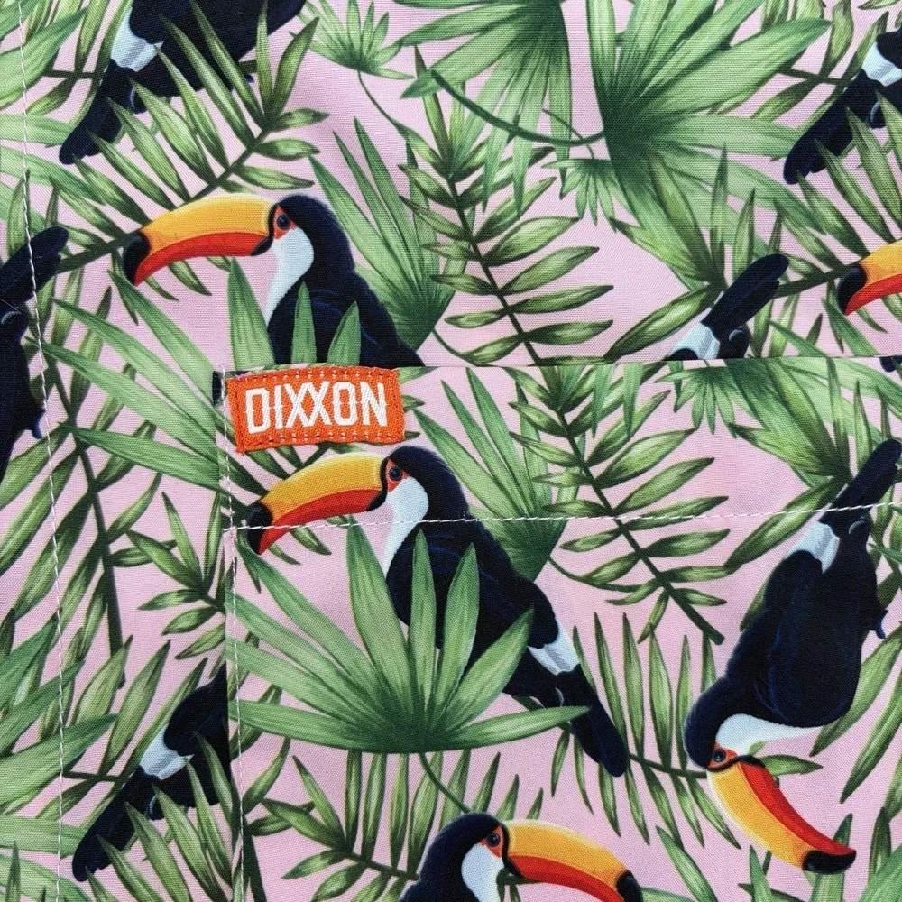 Dixxon Shirt Mens XL Pink Green Toucan Do It Hawaiian Button Up Tropical Bird